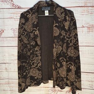 Alex Evenings XL Brown Gold Shimmer Metallic Floral Paisley Open Front Jacket